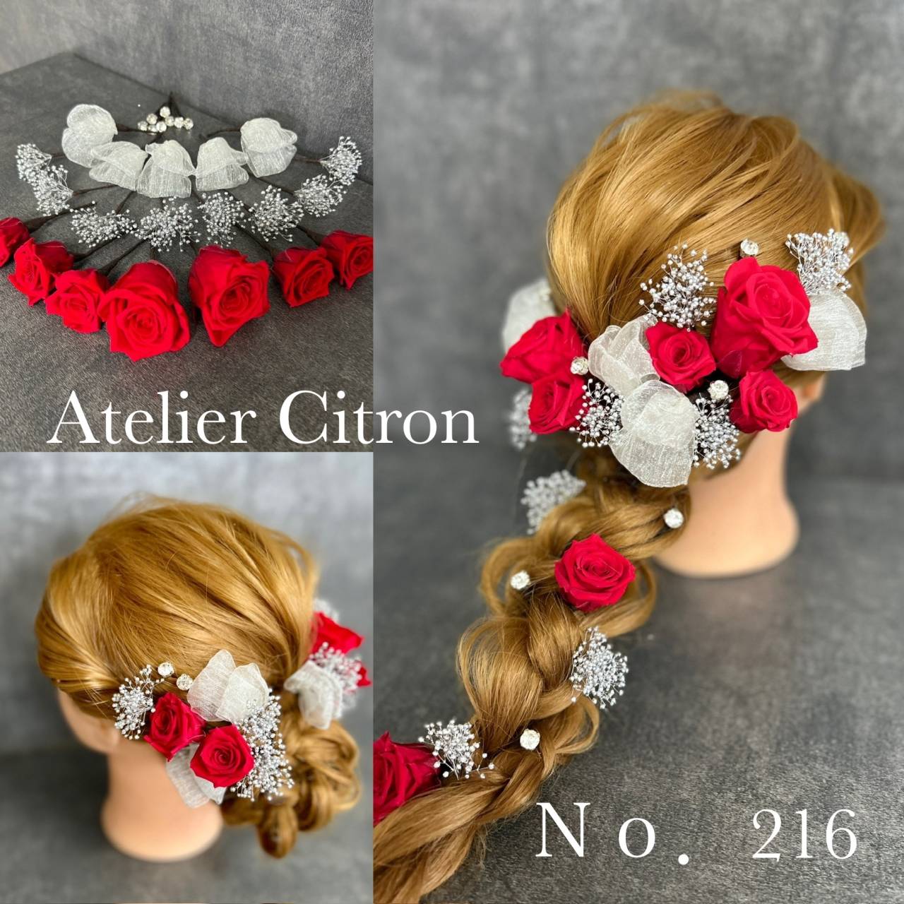 No.２１６ 髪飾り 赤薔薇 シルバー ダイヤ 宝石 結婚式 成人式 ヘッド 